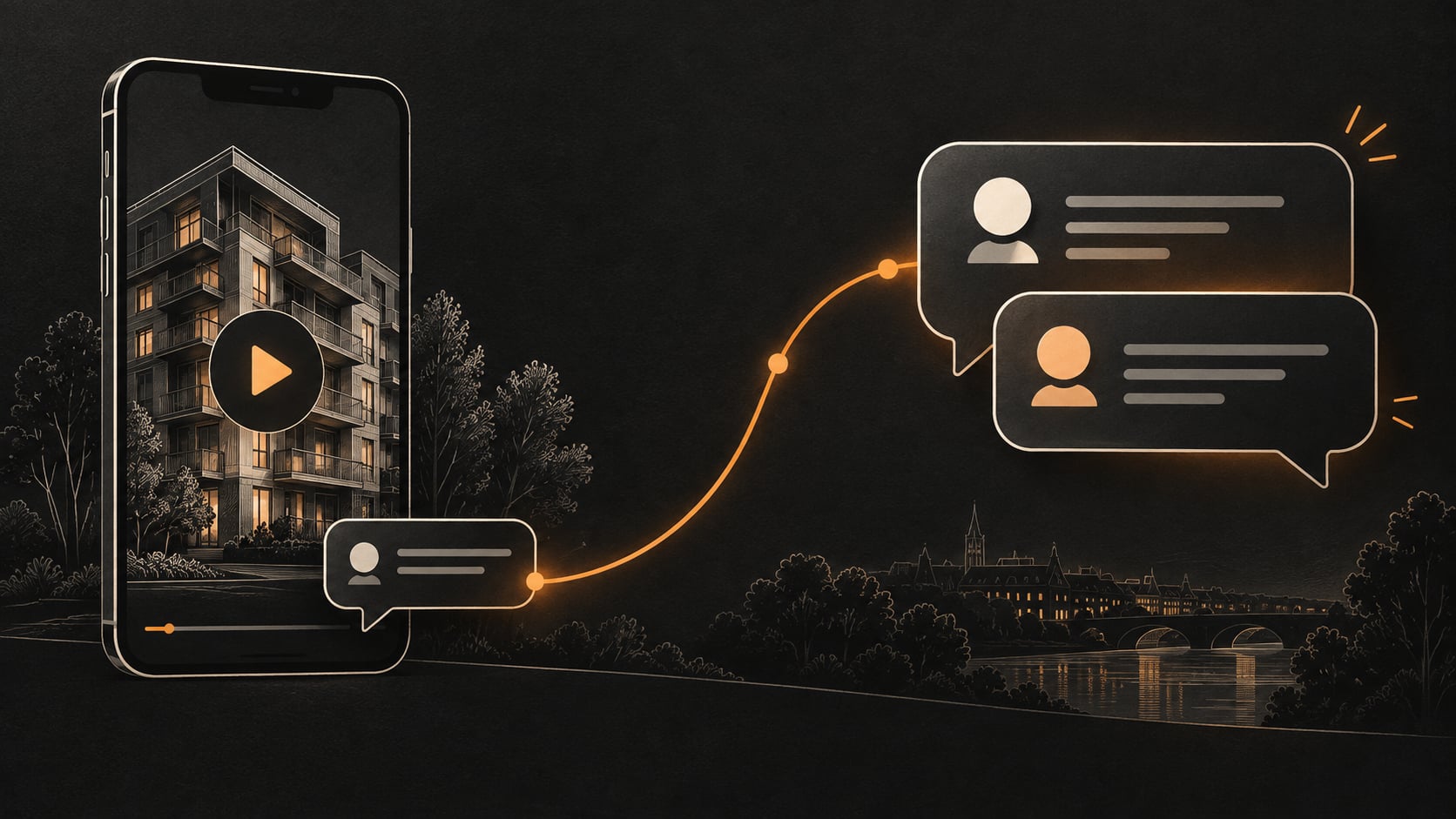 An apartment video on a phone connects through a public comment to a private conversation, drawn in ivory and orange on charcoal.