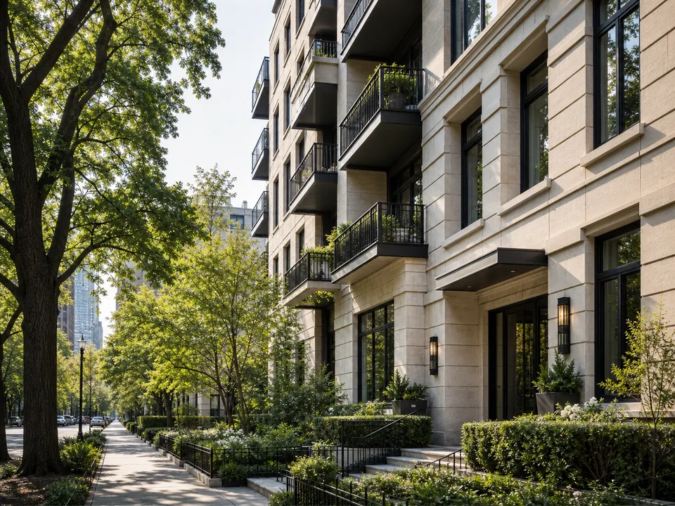 Light stone apartment building with balconies on leafy Park Avenue