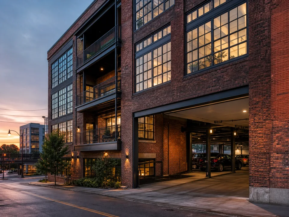 Brick loft apartment building with covered parking on Station Road