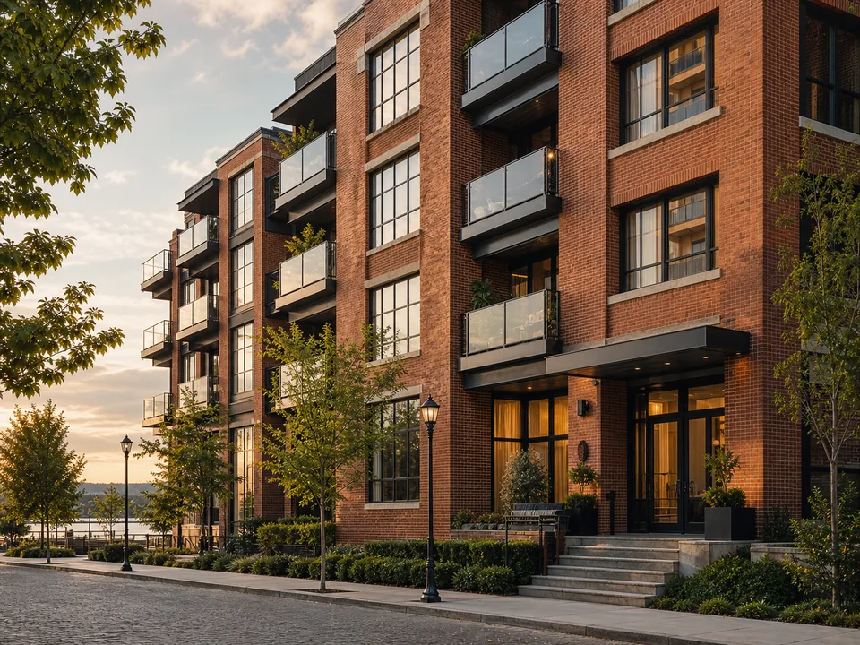 Modern brick apartment building on Water Street by the waterfront